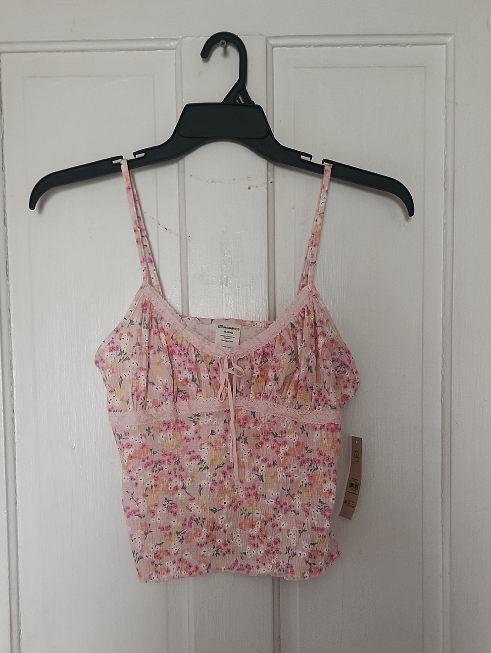 No Boundaries Pink Floral Lace-Trim Tie-Front Cami